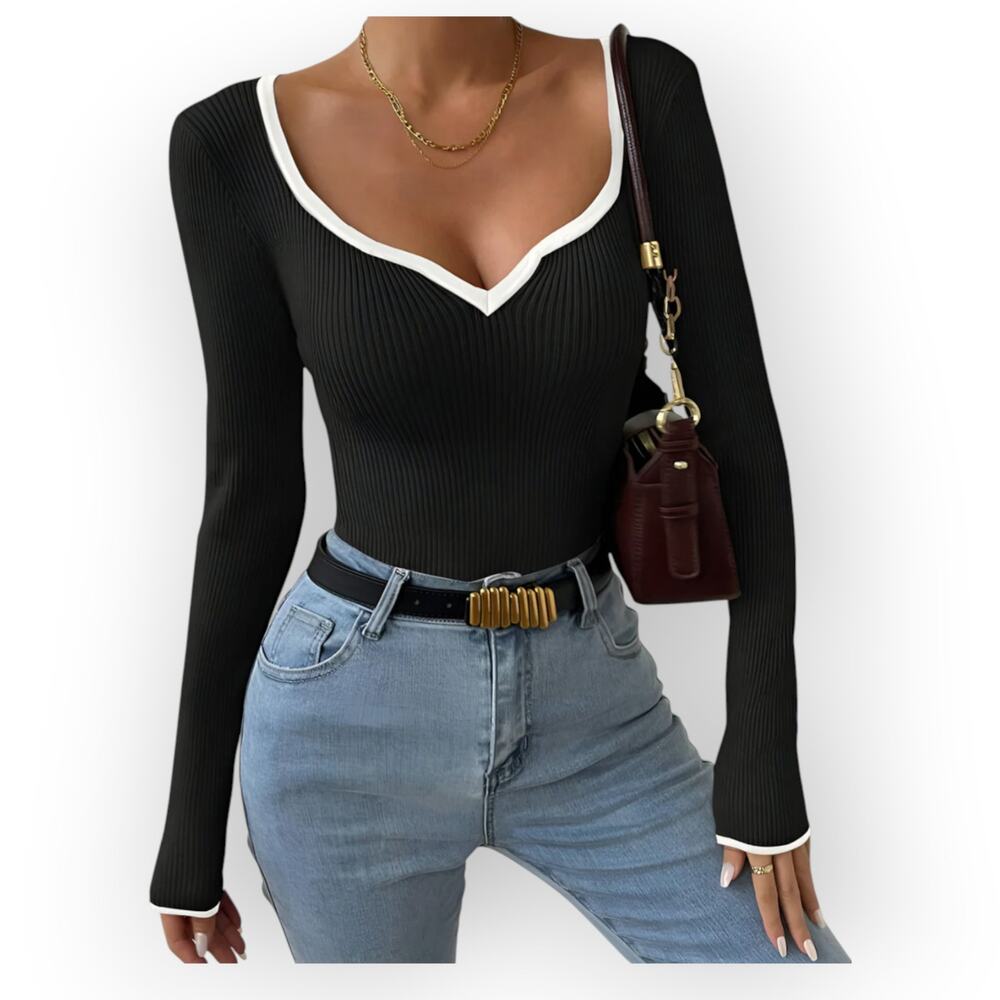 Commense Ribbed Knit V Neck Black White Contrast Top Long Sleeve Parisian Chic